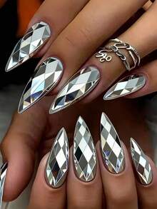 24pcs European & American Hot Girl Club Style Rhinestone Holographic Silver Press-On Nails, Almond Shape, Easy To Apply, Long Lasting, Harmless To Natural Nails, Reusable False Nails - Multicolor - View 1