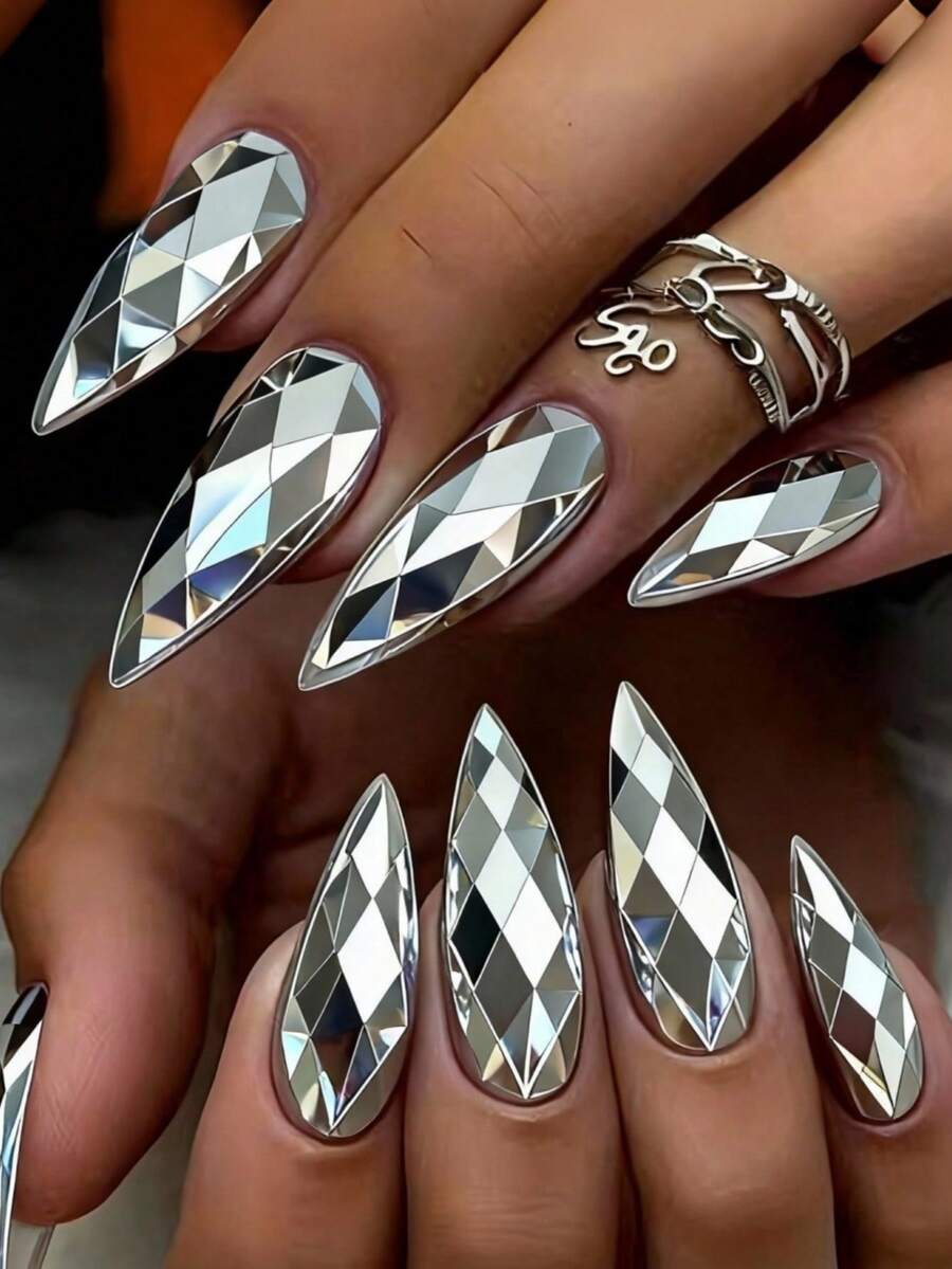 24pcs European & American Hot Girl Club Style Rhinestone Holographic Silver Press-On Nails, Almond Shape, Easy To Apply, Long Lasting, Harmless To Natural Nails, Reusable False Nails - Multicolor - View 1