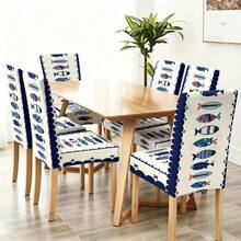 1/4/5/6/7pcs Blue And White Cartoon Fish Ocean Pattern Printed Chair Covers/Chair Slipcovers Set, Suitable For Indoor Home, Restaurant, Hotel, Ideal Choice For Modern Daily Decor. Tablecloth Fits Square Dining Table, Elastic Chair Covers Are Washable. - Multicolor - View 16