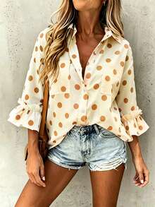 Camisa de trabajo versátil de manga acampanada con volantes, estilo holgado para mujer. - Negro - Ver 7