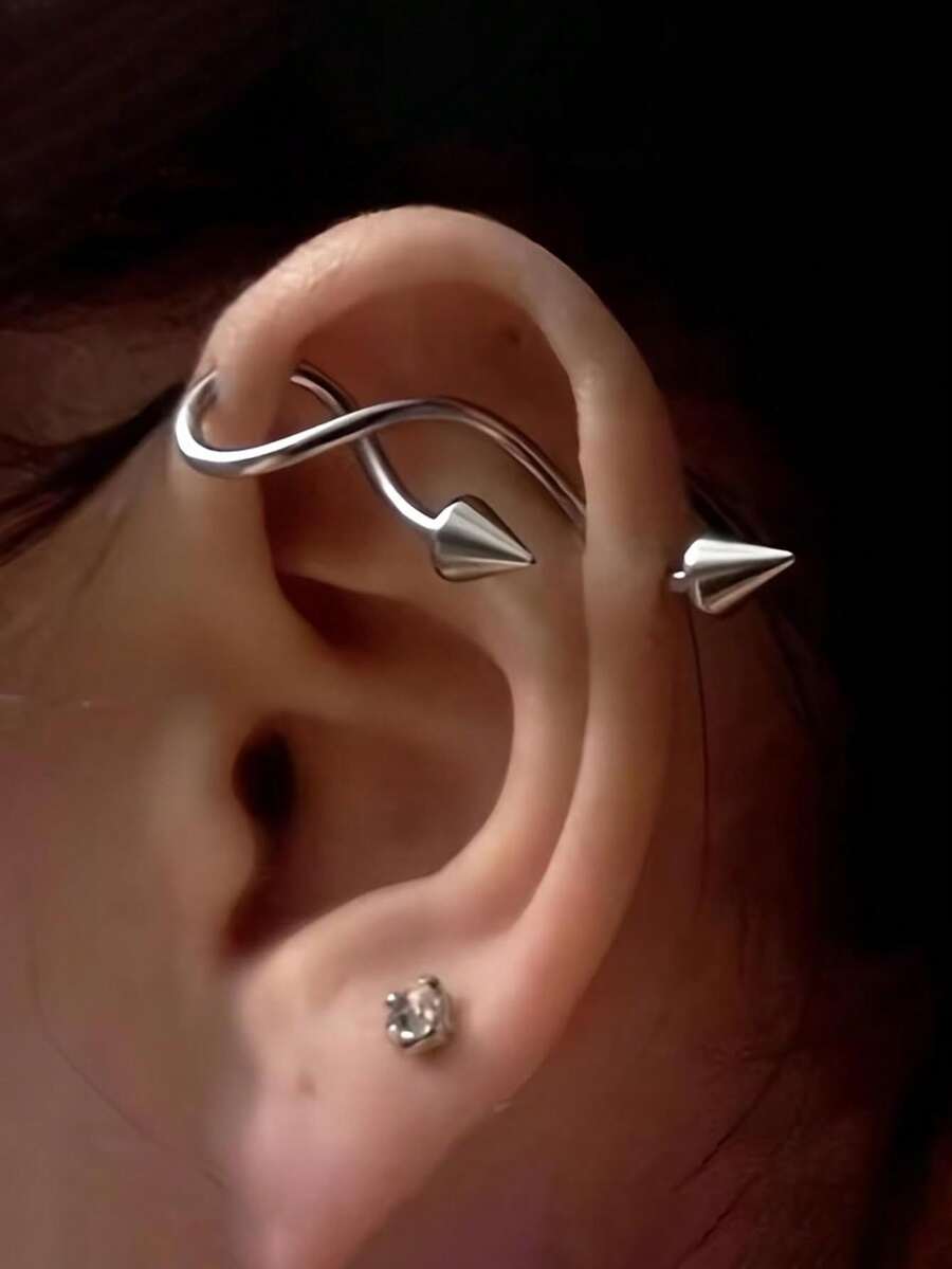 Spike Cone Twist Helix Ear Cuff Piercing, Punk Stainless Steel Double Spike Cartilage Ear Wrap, Gothic No Piercing Ear Jewelry For Women - Silver - View 1