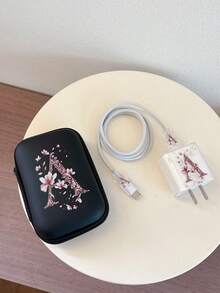 Charger Data Cable Storage Bag & Charger Protective Case Set (1pc Data Cable Storage Bag + 1pc Charger Head Protective Case + 2pcs Data Cable Interface Protective Cases) UV Printed Pink Floral 26 Letters Pattern Compatible With Apple 20W Fast Charger - Multicolor - View 4