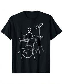 Graphic T-Shirt For Drummers And Percussionists, Men's, 180G, 100% Black With Drum And Cymbal Print, Crew Neck And Short Sleeves, Ideal For Outdoor Concerts And Other Occasions. - 黑色 - 查看 1