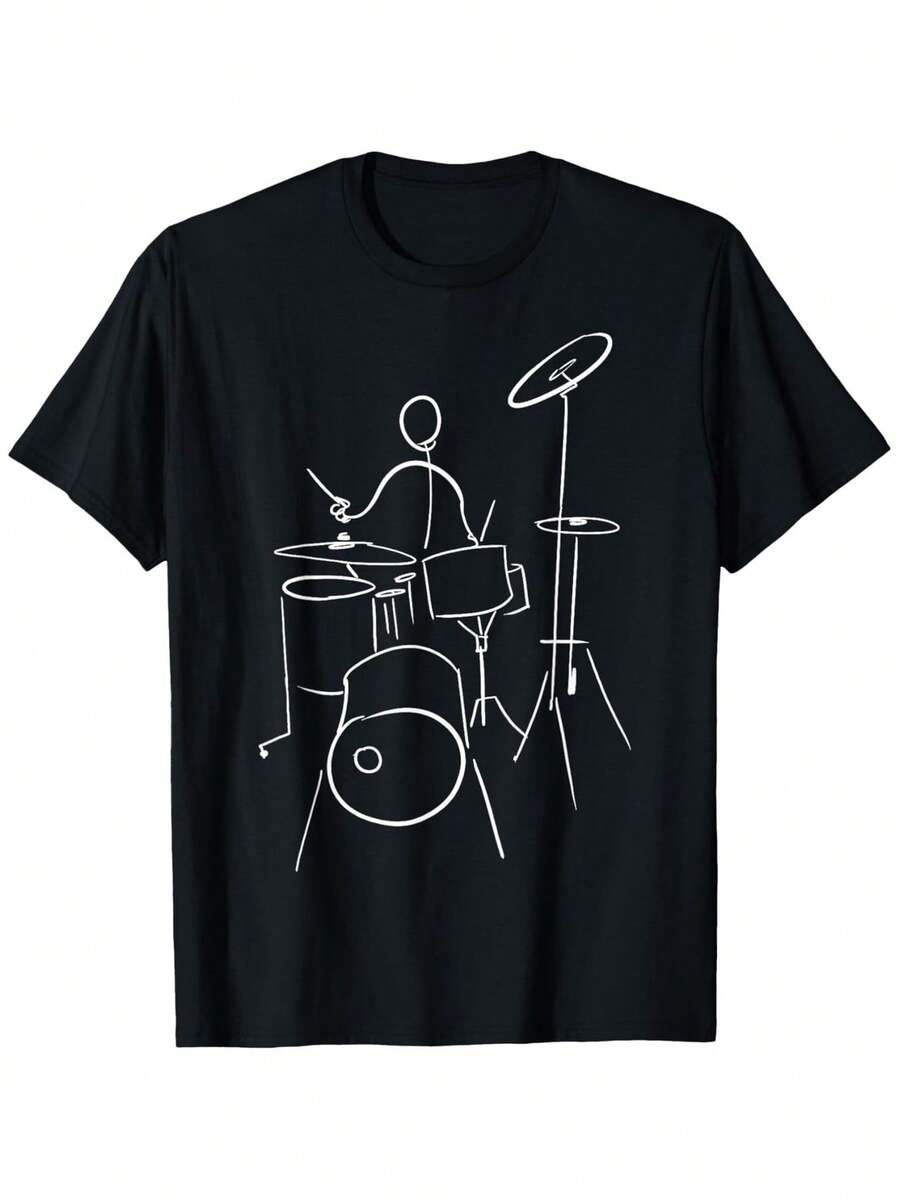 Graphic T-Shirt For Drummers And Percussionists, Men's, 180G, 100% Black With Drum And Cymbal Print, Crew Neck And Short Sleeves, Ideal For Outdoor Concerts And Other Occasions. - 黑色 - 查看 1