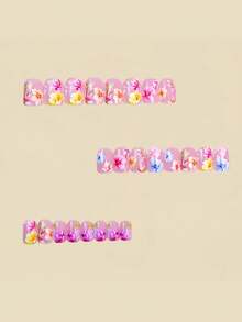 24pcs Stylish Luxurious Soft Pink Floral Medium Length European & American Square Press-On Nails, Easy To Stick, Long Lasting, Gentle On Natural Nails, Reusable False Nails - Multicolor - View 4