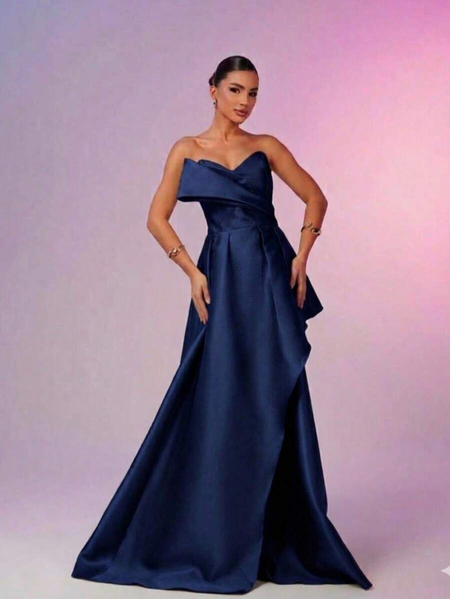 Elegant, Conservative Strapless Princess Dress For Weddings Or Graduation Parties. - Navy Blue - View 1