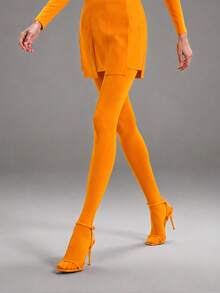 Women's Orange Opaque Stirrup Tights, High Waist Stretch Pantyhose For Costumes, Dance & Colorful Outfits - Multicolor - View 3