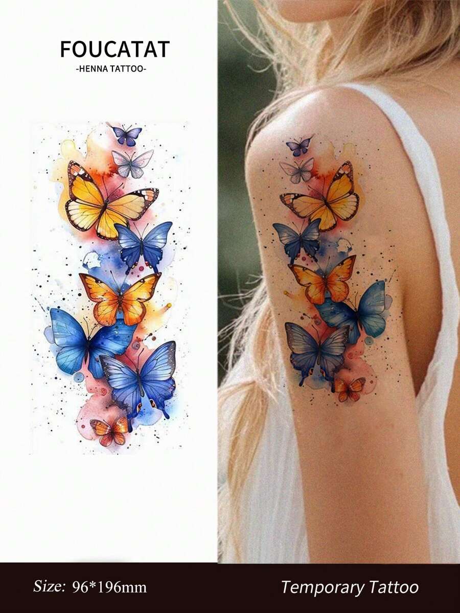 1 pieza Pegatina de tatuaje con patrón de mariposa para mujeres y hombres, tatuaje temporal de mariposa resistente al agua para mano, brazo, pecho, arte corporal, tatuaje falso adecuado para decoración corporal diaria - Multicolor - Ver 1