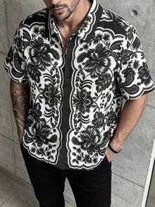1pc Men's Textured Print Polo Shirt, Couple, Turn-Down Collar, Single-Breasted Short Sleeve Top, Handsome Versatile Casual Commute Top, Elegant Holiday Party Evening Wear, Perfect Gift For Father, Boyfriend, Dad, Friend - Black - View 6