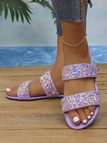 Women's Summer Two Strap Glitter Rhinestone Slide Sandals, Light Purple Sequin Flat Open Toe Slippers, Soft Sole Comfortable Slouchy Beach Vacation Party Casual Versatile Outdoor Sandals - Lilac Colored Shells - View 4