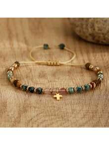 1pc Bohemian Fashion Adjustable Natural Gemstone Beaded Bracelet With Cross Pendant - Colorful Stone Beads, Braided Rope, Vintage Style, Perfect Easter Gift For Women - Multicolor - View 1