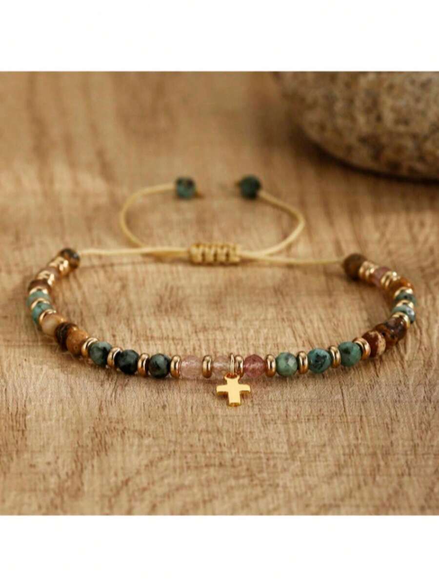 1pc Bohemian Fashion Adjustable Natural Gemstone Beaded Bracelet With Cross Pendant - Colorful Stone Beads, Braided Rope, Vintage Style, Perfect Easter Gift For Women - Multicolor - View 1