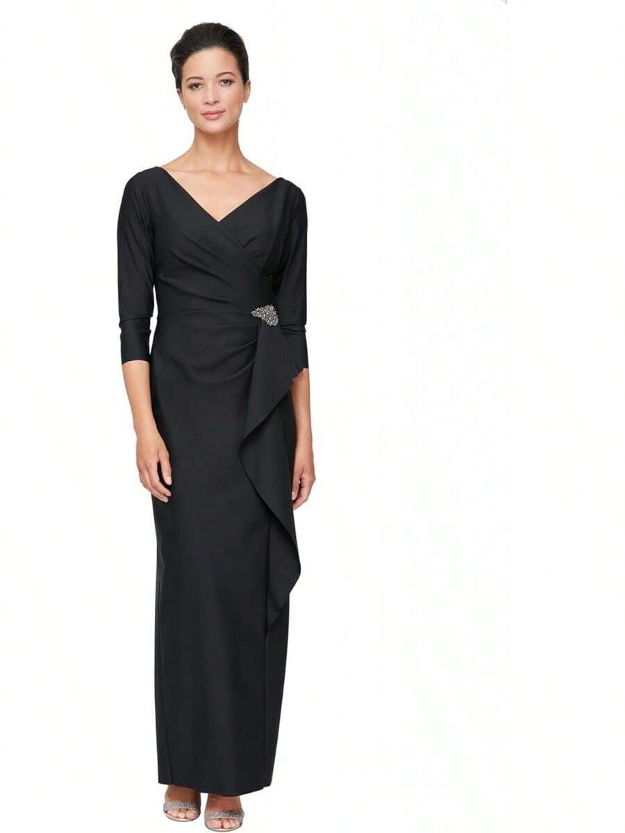 Alex Evenings - Vestido para Mujer con Manga Larga y Manga ¾ para Madre de la Novia con Falda con Volantes en Cascada y Fruncido Lateral - Negro Ruffle - Ver 1