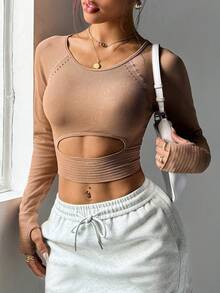 Coffee Brown Ribbed Hollow-Out Cutout Long Sleeve Slim Fit Cropped T-Shirt, Casual Street Style Y2K Women's Short Top - Mustard Yellow - View 5