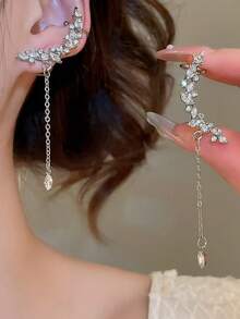 1 Pair Personalized Cool Style Angel Wings Ear Cuff & Ear Stud 2-In-1 Design Full Rhinestone Inlaid Electroplated Silver Color Women's Wedding & Daily Wear - B Silver - View 4