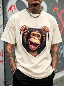 Men's Loose Fit T-Shirt, 3D Optical Illusion Illustration Of A Happy Smiling Chimpanzee Holding The Edges, Short Sleeve T-Shirt, Casual Youth Streetwear Style. - 杏色 - 查看 6