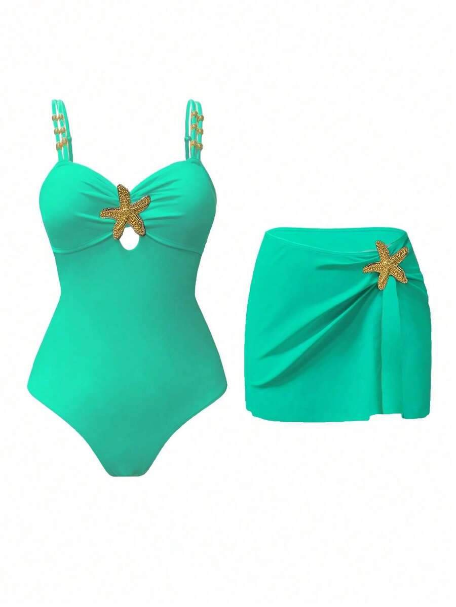 Swim 1 pieza Mono de baño casual con decoración de pentágrama lindo para mujer - Verde lima - Ver 1