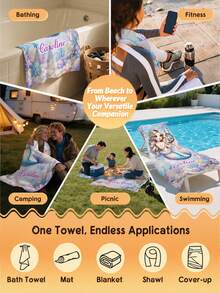 Personalized Mermaid Beach Towel, Customized Name Soft Towel, Cartoon Mermaid Ocean Theme Pattern - Multicolor - View 10