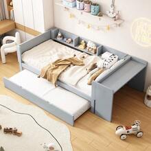 Flat Bed 90 X 200 Cm With Pull-Out Bed, Integrated Desk And Three Side Shelves, Pink. - 灰色 - 查看 3