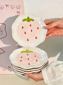 1pc/2pcs/4pcs Strawberry Ceramic Plate Set, 6-Inch Cartoon Underglaze Cake Dessert Plate, Fruit Snack Plate, Breakfast Bread Plate, Afternoon Tea Snack Plate, Side Dish Plate, Korean Kimchi Plate, Tabletop Bone Plate, Tabletop Trash Tray, Microwave Oven, Dishwasher - Multicolor - View 2