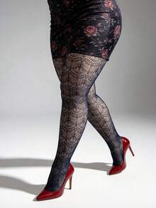 1 pieza Leggings ajustados de mujer talla grande con diseño de concha jacquard, medias de red hueca multicolor estilo Y2K, elásticas cómodas y sexys, adecuadas para uso diario en la oficina, fiesta de Halloween, ropa de casa, atuendo versátil de estilo gótico - Multicolor - Ver 1