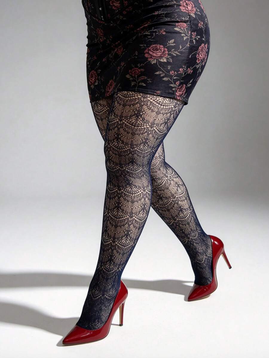 1 pieza Leggings ajustados de mujer talla grande con diseño de concha jacquard, medias de red hueca multicolor estilo Y2K, elásticas cómodas y sexys, adecuadas para uso diario en la oficina, fiesta de Halloween, ropa de casa, atuendo versátil de estilo gótico - Multicolor - Ver 1