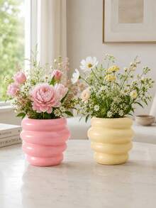 1pc Macaron Color Glossy Vase, Stacked Ripple Design Modern Minimalist Decorative Vases For Floral Arrangement, Living Room Table Decor - Honey Jar - View 1