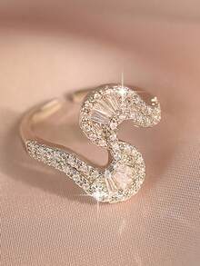 1 pieza Anillo abierto con diseño de cinta en forma de S único, chapado en plata con pavé completo de circonita cúbica brillante, joyería para mujer para uso nupcial, boda, uso diario, fiesta y regalo - Blanco - Ver 6