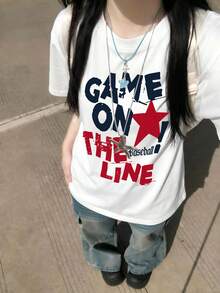 Women's Round Neck Short Sleeve T-Shirt, Summer New Fashion Star Pattern And Letter Print, Casual Versatile Loose Fit Top, White - White - View 2