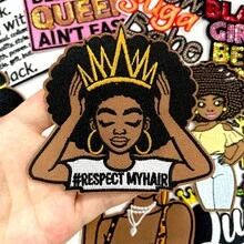Ensemble de patchs thermocollants brodés Magic Melanin Queen, couronne rose, Respect My Hair, Brown Babe, slogan Black Pride, applique à coudre pour veste en jean, chapeau, sac à dos, décoration DIY - B-noir - Voir 3