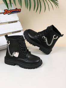 2026 New Girls' Cute Fashion Boots, All-Season Low-Top Boots, Heart Chain Decor, Preppy Outdoor Style Fashion Boots, Simple Versatile Comfortable Non-Slip Wear-Resistant - Black - View 4