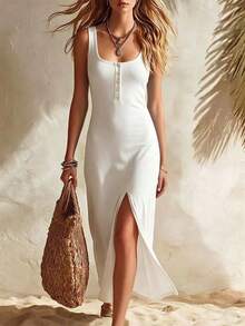 Vestido Casual de Mujer de Color Sólido con Cuello Redondo y Botones sin Mangas para Primavera/Verano 2026 - Blanco - Ver 3