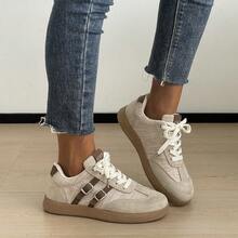 Women's Casual Sports Shoes Color Block Patchwork Preppy College PU Leather Buckle Strap Casual Fashion Spring Summer - Khaki - View 4