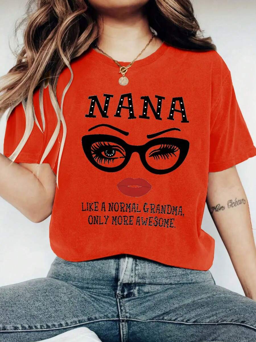 Women's T-Shirts, Men's T-Shirts, SummerChic Tops With 'Nana' Letter Print - Effortless Style, Comfortable Crew Neck, Short Sleeve - Versatile Women's Top For - 紅色 - 查看 1