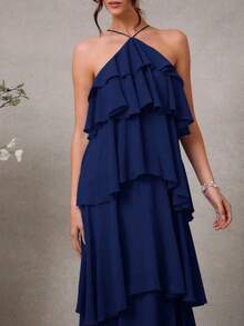 Elegante vestido maxi de gasa con cuello halter y volantes para invitados a bodas románticas - Azul Agua - Ver 5