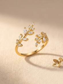 Gift Box Style Gold Leaf & Branch Rhinestone Ring, Adjustable Open Design, Nature-Inspired Elegant Women's Jewelry - Gold - View 3