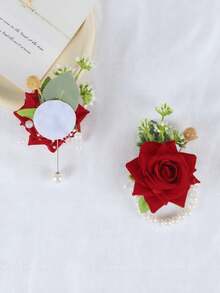 Wedding Groom & Bride Daily Wear Velvet Rose Artificial Rose Brooch Corsage Wrist Flower Set - Red - View 3