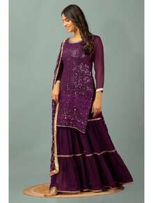 Beautiful Chinnon Punjabi Style Sharara Suit Women Ready To Wear Salwar Kameez With Dupatta - Multicolor - View 4