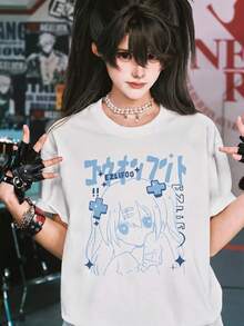 日系動漫藍色女孩印花女款寬鬆落肩純色短袖Y2K清新風白色T恤，女款寬鬆慵懶純色夏季T恤 - 白色 - 查看 2