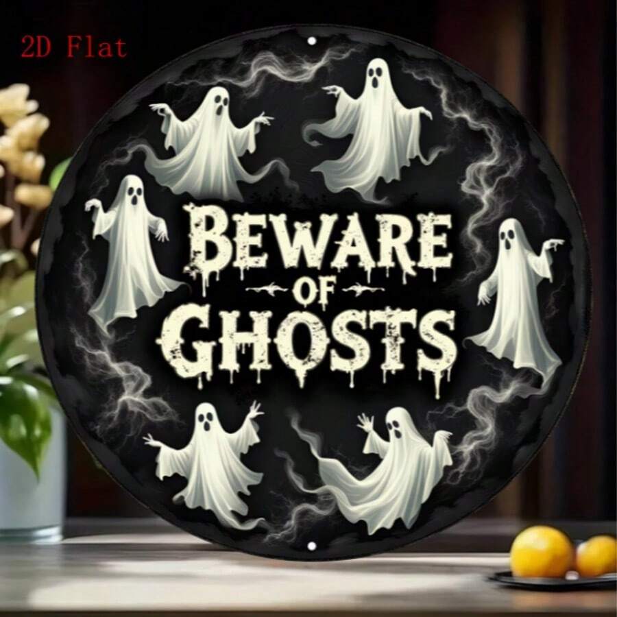 2D Flat Ghost Pattern Round Wooden Decorative Sign, Waterproof & Durable, Halloween Party Scene Decor, Printed With Cute Ghost Text, Home Office Bar Multi-Holiday Hanging Ornament