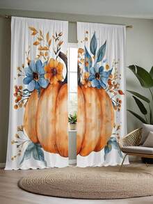 2PCS Artistic Pumpkins And Flowers Print Light Sheer Curtains,Semi-Sheer For Privacy Protection. Easy Rod Pocket Installation, Quick-Dry,Fade-Resistant After Washing, Lightweight And Washable. Ideal For Home, Room And Kitchen Decor & Space Dividers. - Multicolor - View 5
