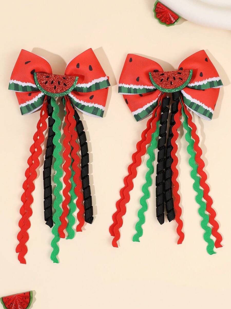 2pcs Red And Pink Fabric Hair Bows For Kids,Watermelon & Fruits Ribbon Hair Clips, Hair Barrettes Summer Holiday Essentials Gifts Hair Accessories - Multicolor - View 1