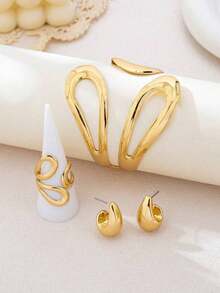 4pcs Geometric Hollow Jewelry Set - Teardrop Design Ring, Bracelet And Earrings, Gold-Plated Minimalist Style Women's Set, Suitable For Daily And Party Wear, Great Gift Choice - Style 1 - View 4