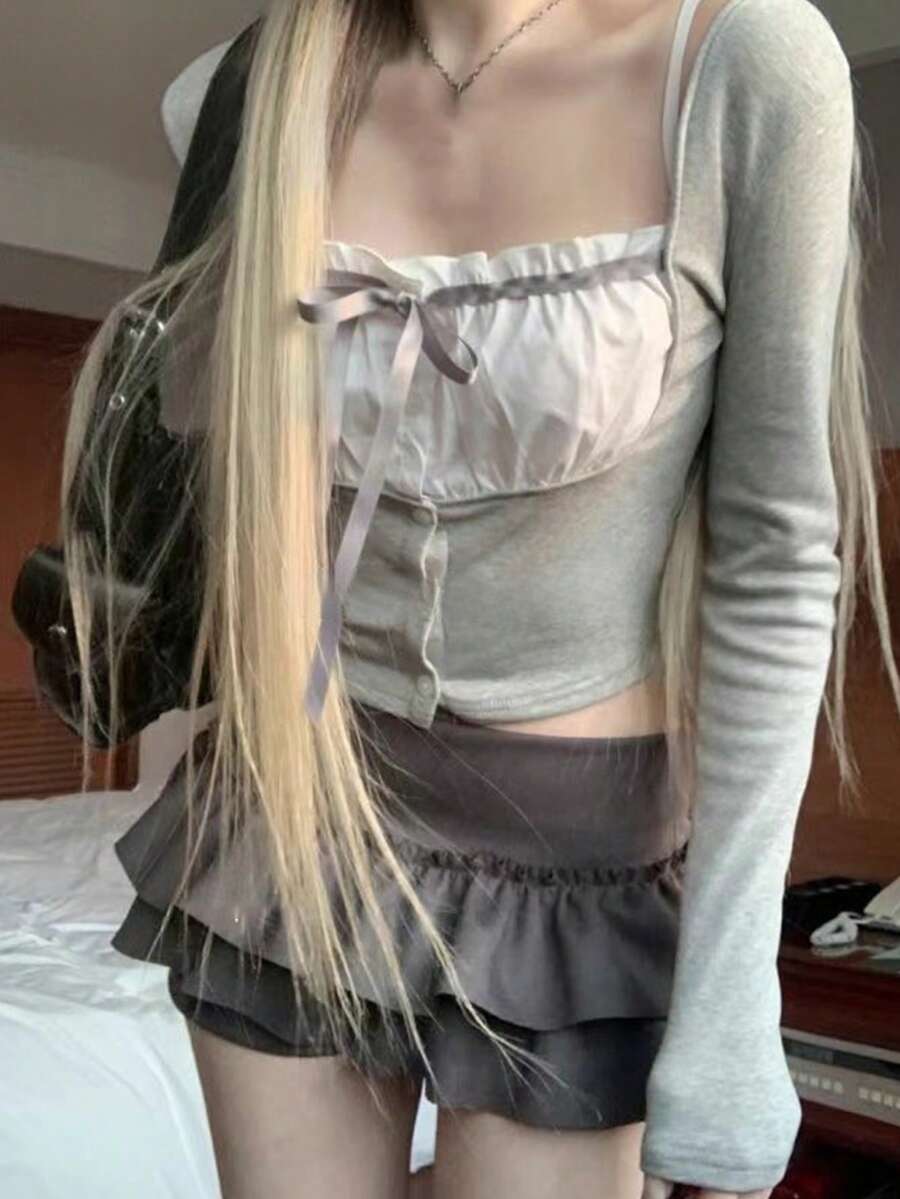 Patchwork Square Neck Bow Versatile Slim Fit Long Sleeve Top Casual - Grey - View 1