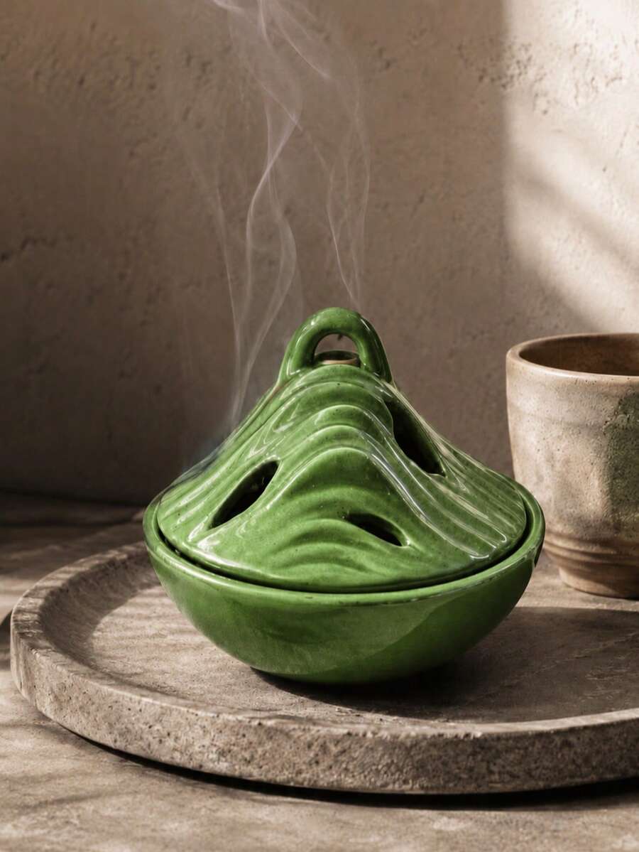 Wabi-Sabi Layered Mountain Resin Backflow Incense Burner With Lid, Dark Green / Coffee Brown / Beige Ink Splatter 3 Colors, Hollow Cloud Mist Smoke Design, Yoga Meditation, Tea Room Zen Sitting, Study Room Quiet Mind Incense Burner, Living Room Entrance Zen Relaxing Atmosphere Desktop Decor, Housewarming Healing Feng Shui Craft - Cangshan Incense Burner - View 1