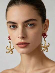 1 Pair Fashion Zinc Alloy Material, French Red Coral Starfish Earrings, Beach Vacation Style Earrings, Light Luxury Niche Atmosphere Earrings - Coral Starfish - View 1