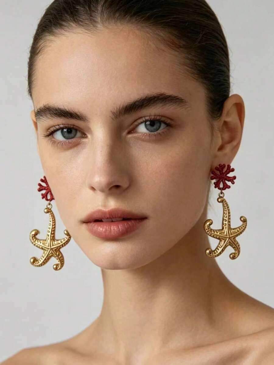1 Pair Fashion Zinc Alloy Material, French Red Coral Starfish Earrings, Beach Vacation Style Earrings, Light Luxury Niche Atmosphere Earrings - Coral Starfish - View 1