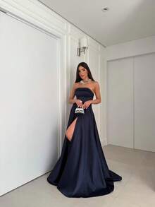Strapless Party Dress With Crossover Back Closure. - Navy Blue - View 1