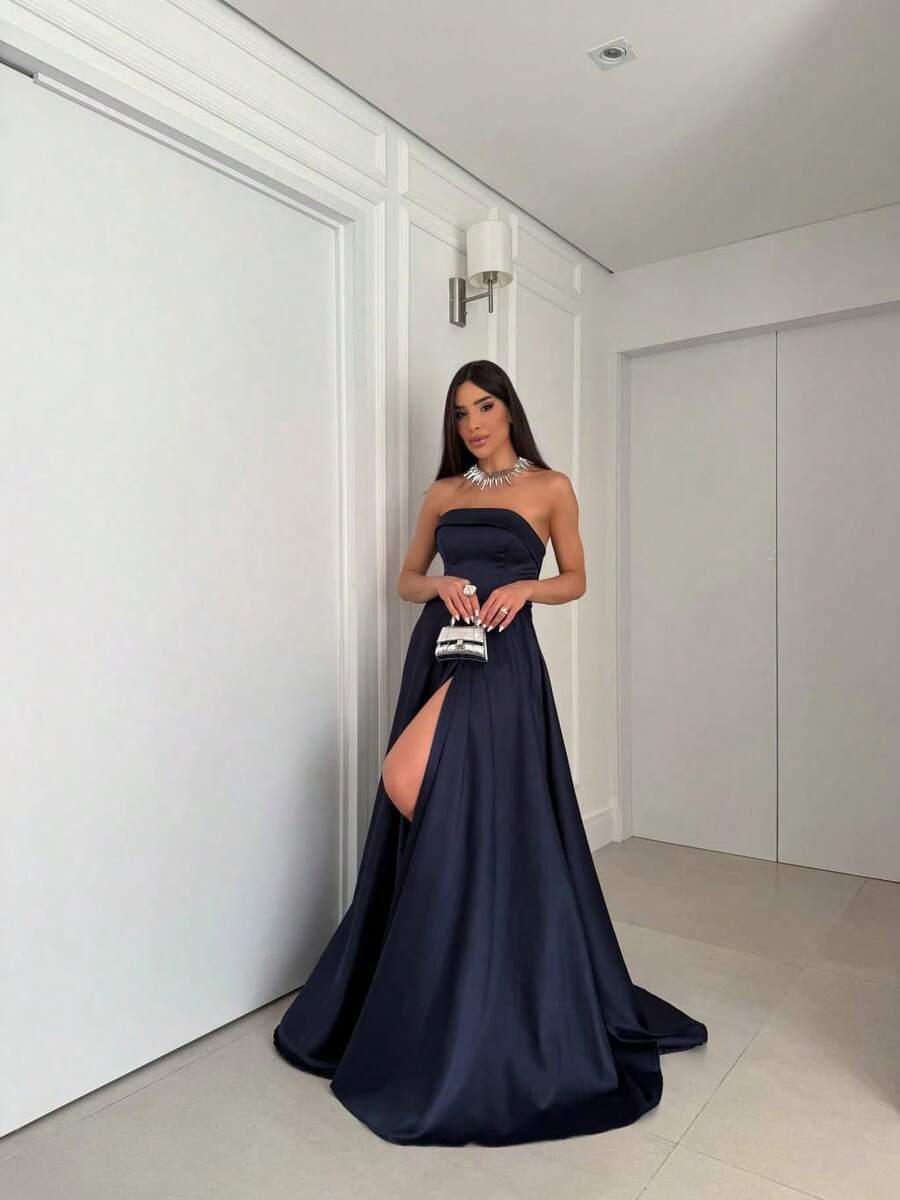 Strapless Party Dress With Crossover Back Closure. - Navy Blue - View 1