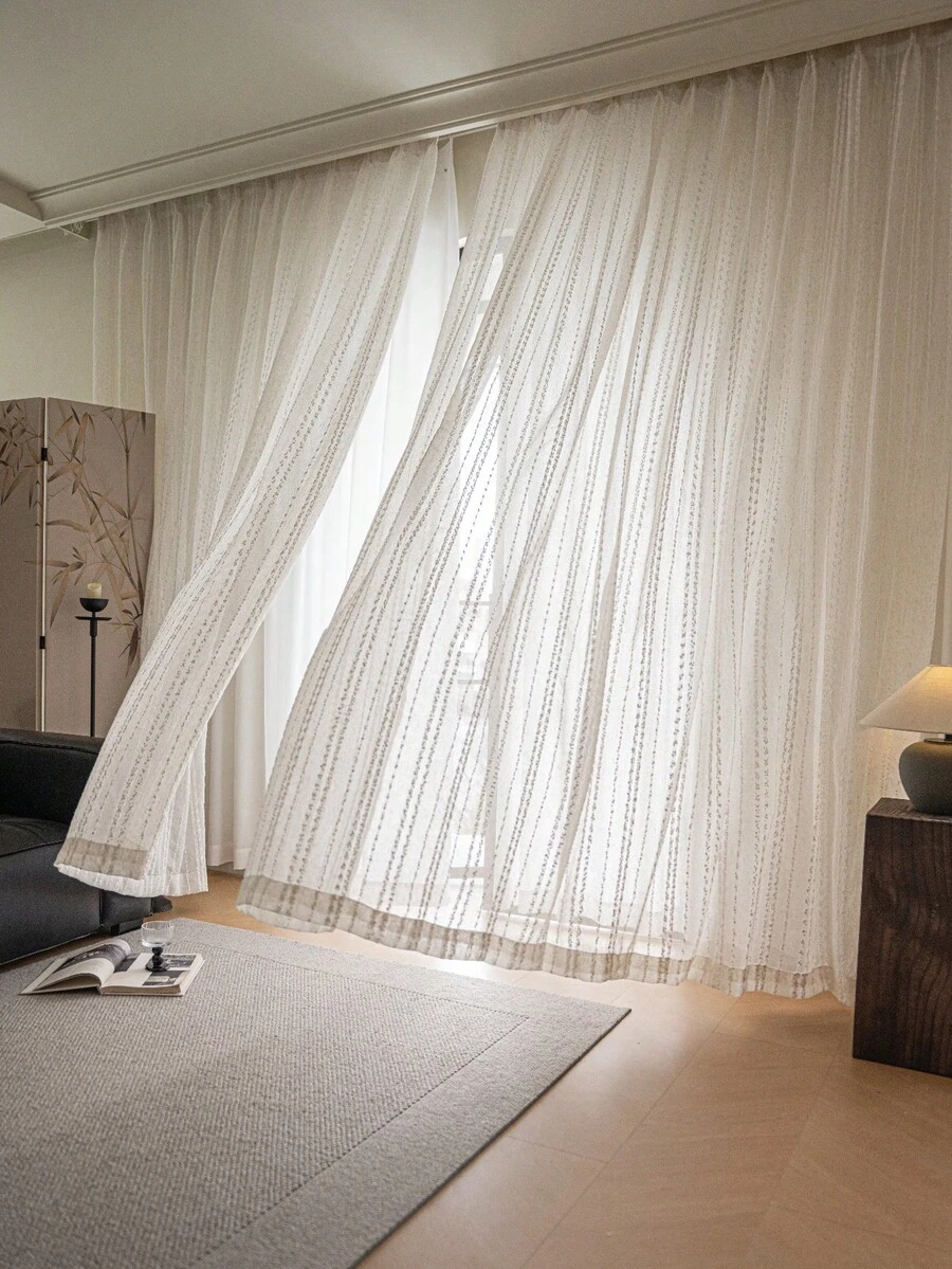 NOSBEI 1PC Rod Pocket Jacquard Sheer Curtain, Textured Stripe Window Panel, Light Filtering Curtain For Bedroom Living Room - Flower Pattern 1 - View 1